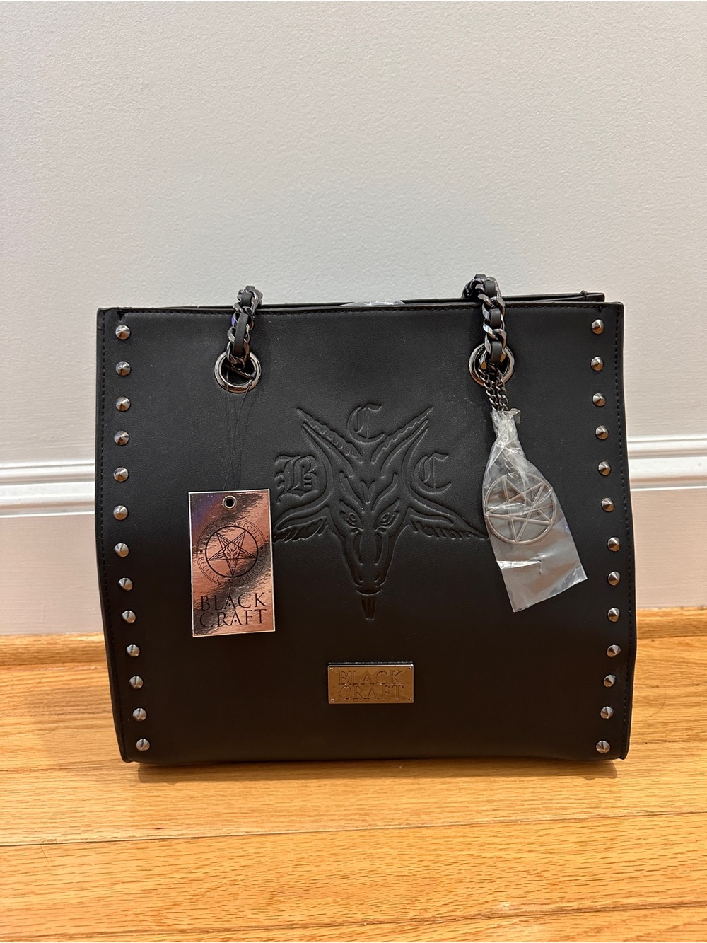 NWT Blackcraft Black Studded Shoulder Bag with Chain Handles - Picture 3 of 12